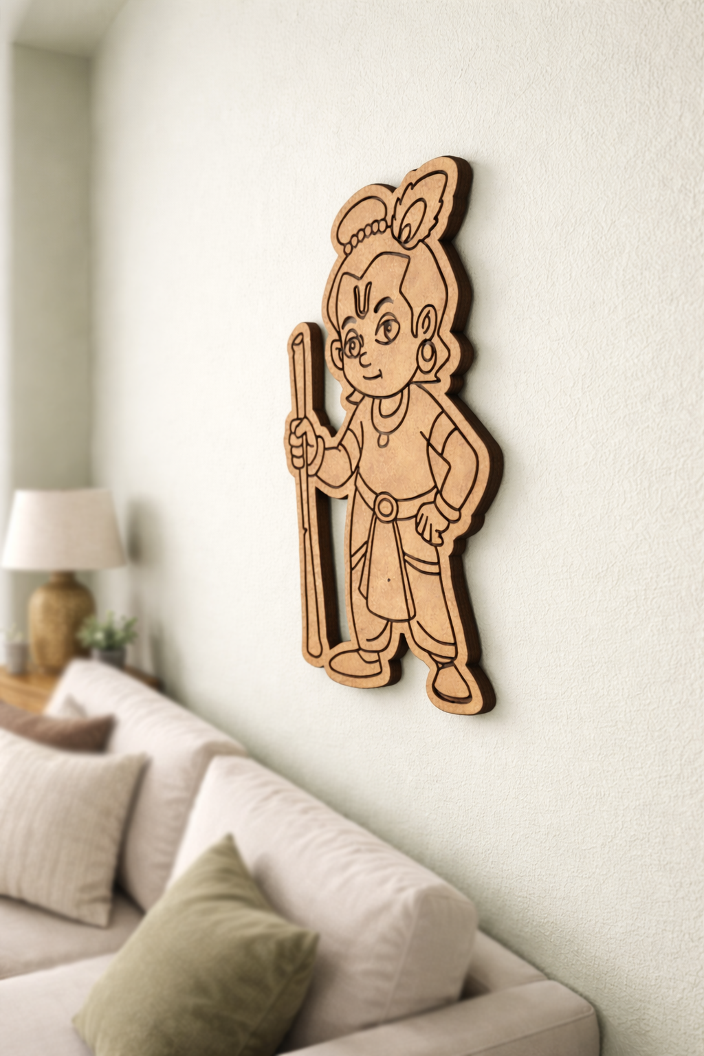MDF DIY  wall decoration of a cartoon character on a white wall above a sofa.