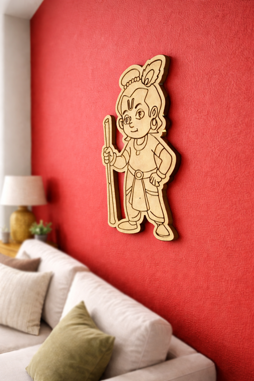 MDF DIY  wall decor of a cartoon character on a red wall with a sofa and lamp in the background.