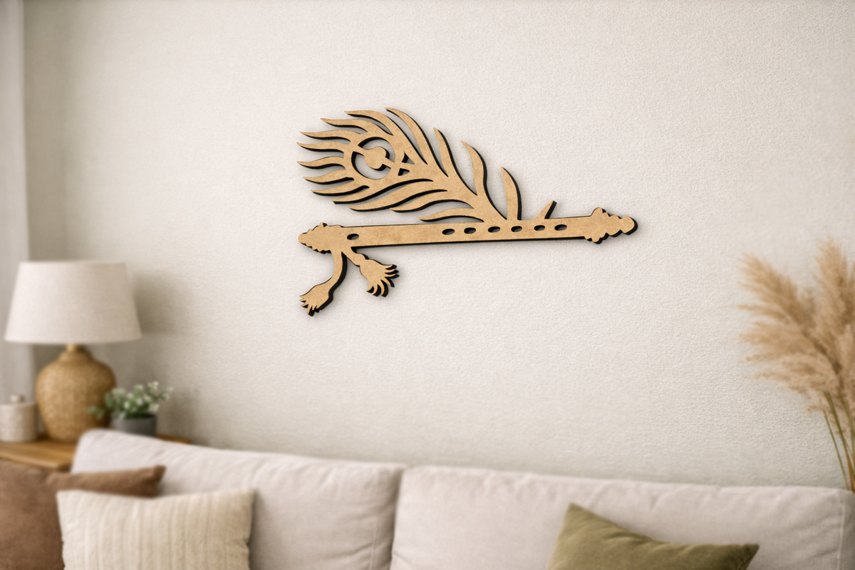  MDF DIY  wall art piece resembling a peacock feather on a wall above a sofa.