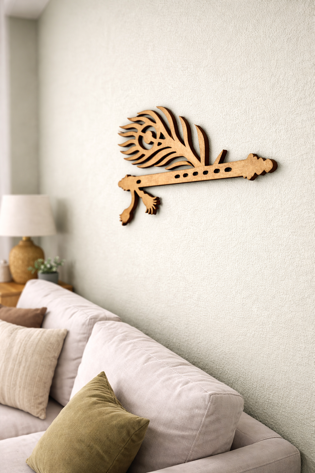  MDF DIY  wall art of a flute on a wall above a sofa with decorative pillows.