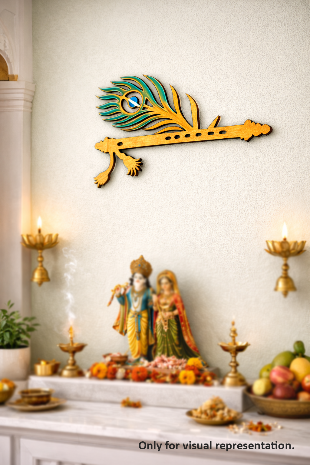 Decorative MDF DIY wall piece with peacock feather design on a white wall.