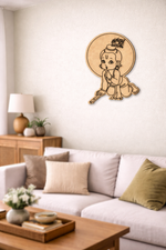 Decorative  MDF DIY  wall art of a bal krishna character in a living room setting.