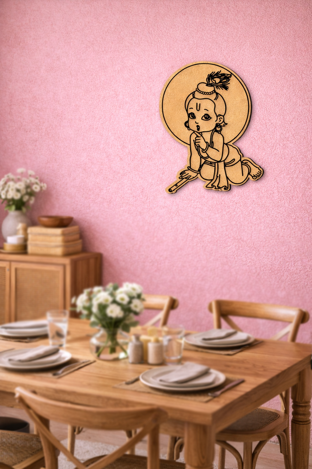 Dining room with wooden table and chairs, pink walls, and decorative  MDF DIY  wall art.