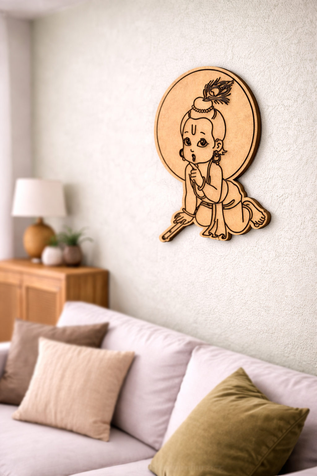  MDF DIY  wall art of a child on a white wall above a sofa with decorative pillows.
