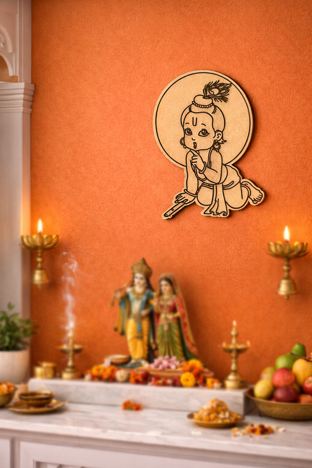 Decorative  MDF DIY  wall art of a child on an orange wall statues and offerings below.