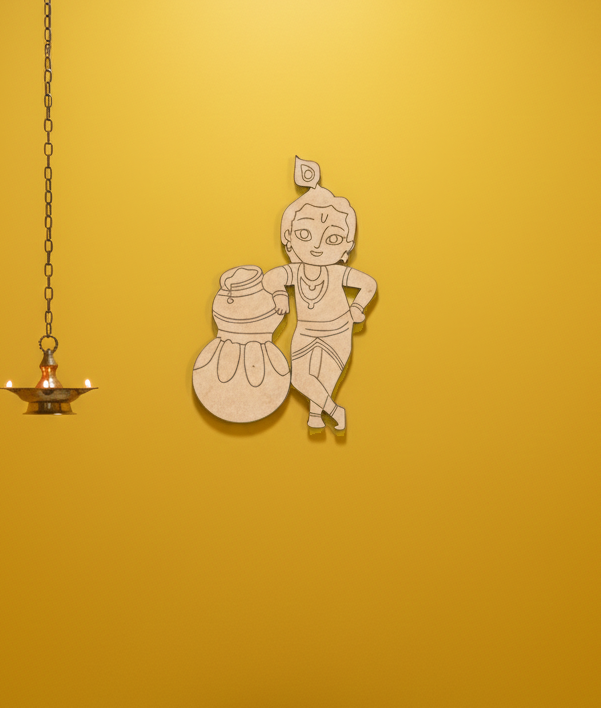 MDF DIY cutout of a character holding a pot on a yellow background with a hanging oil lamp.