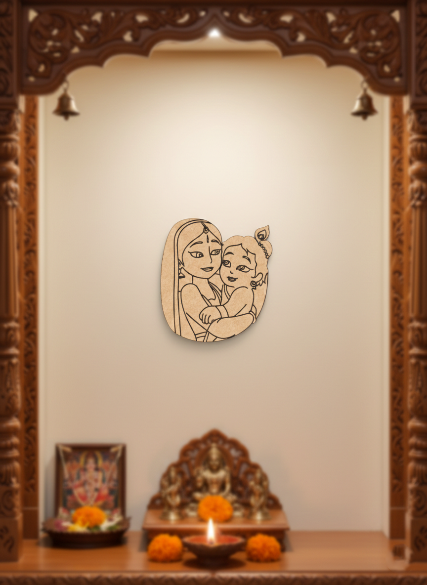 Decorative  MDF DIY  wall art of a mother and child on a white wall with wooden frame and altar in the background.