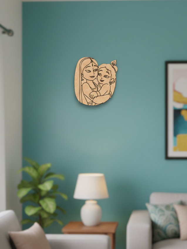 MDF DIY wall art of a woman and child on a teal wall in a living room.