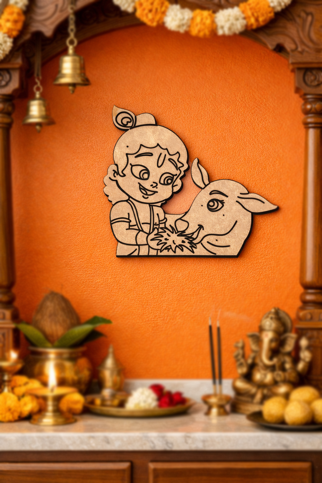Decorative  MDF DIY wall art of a child with a lamb on an orange wall with religious items below.