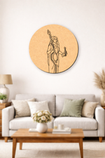  MDF DIY  wall art of a woman holding a sword and a scale in a living room.