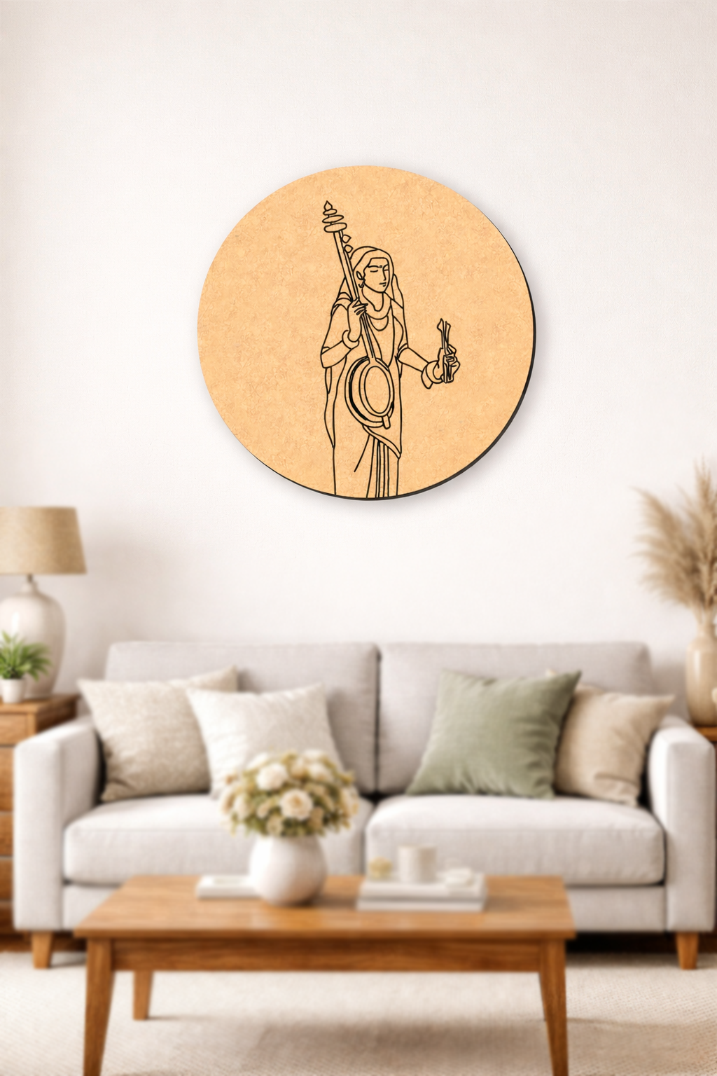  MDF DIY  wall art of a woman holding a sword and a scale in a living room.