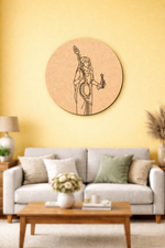 Living room with a gray sofa, wooden coffee table, and decorative  MDF DIY  wall art on a yellow wall.