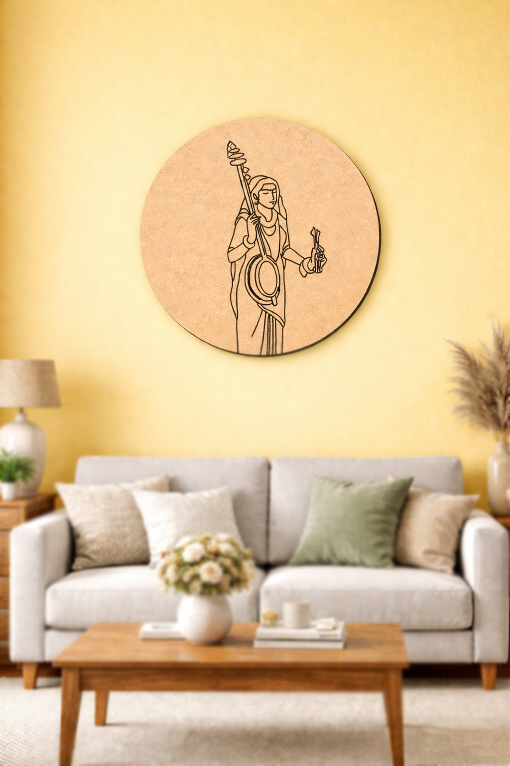 Living room with a gray sofa, wooden coffee table, and decorative  MDF DIY  wall art on a yellow wall.