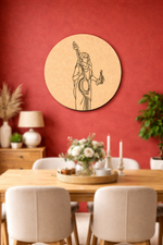 Dining room with a   MDF DIY  wall art piece of a woman holding a sword on a red wall.