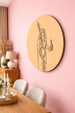  MDF DIY  wall art of a classical figure on a pink wall with a dining table and chairs in the foreground.