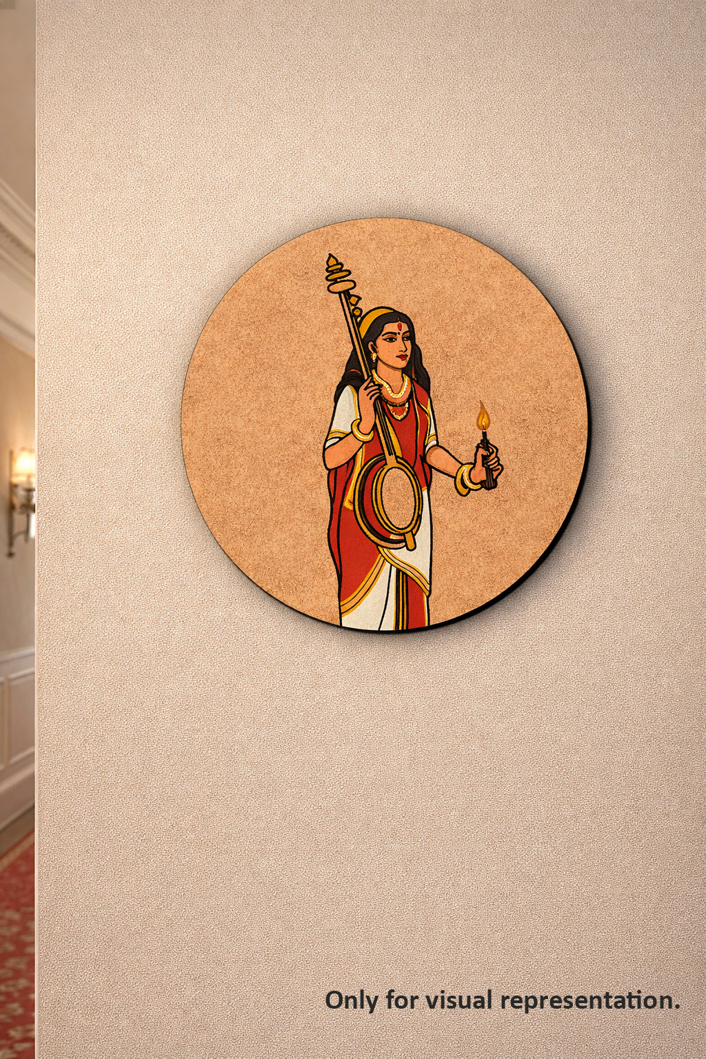Decorative MDF DIY wall art of a woman holding musical instruments on a beige wall.