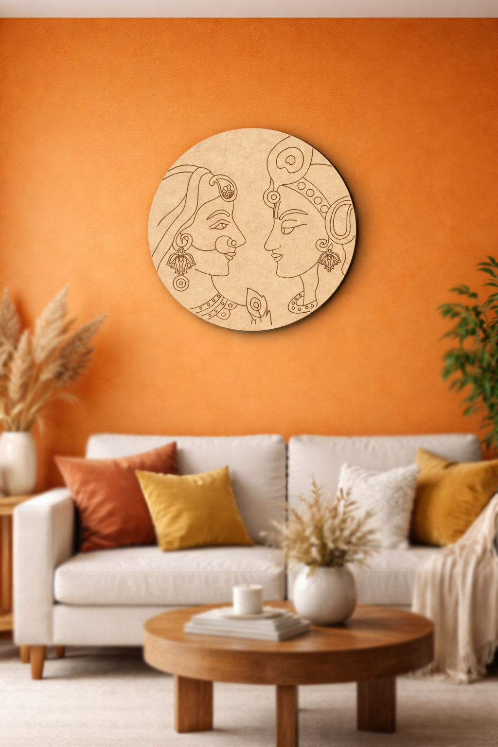Living room with an orange wall, white sofa, and decorative  MDF DIY  wall art.