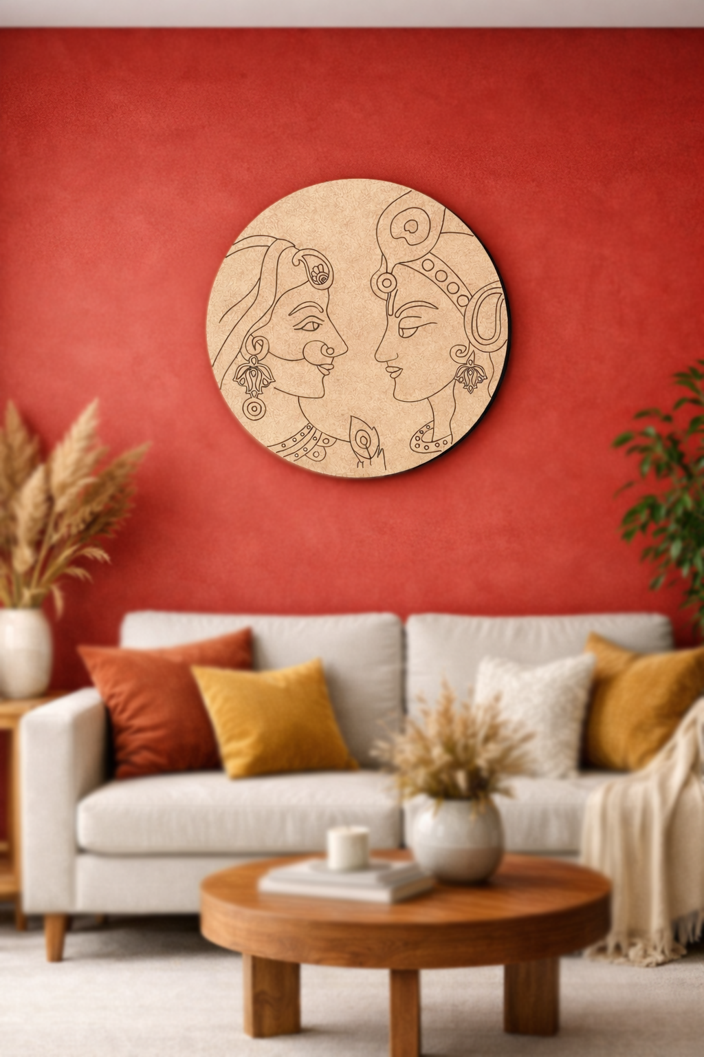 Living room with a red wall, white sofa, and decorative  MDF DIY wall art.
