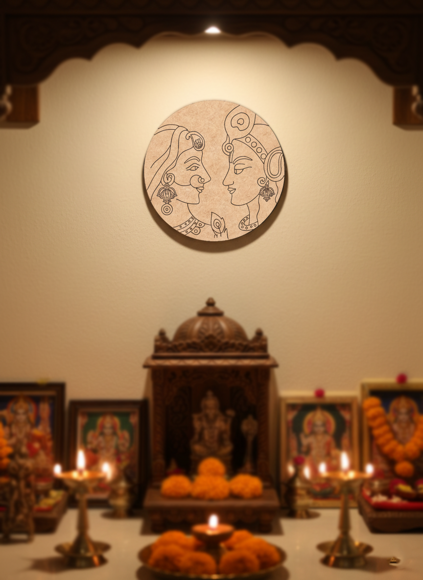 Decorative  MDF DIY wall art  with candles, flowers, and a wall art piece of two faces.