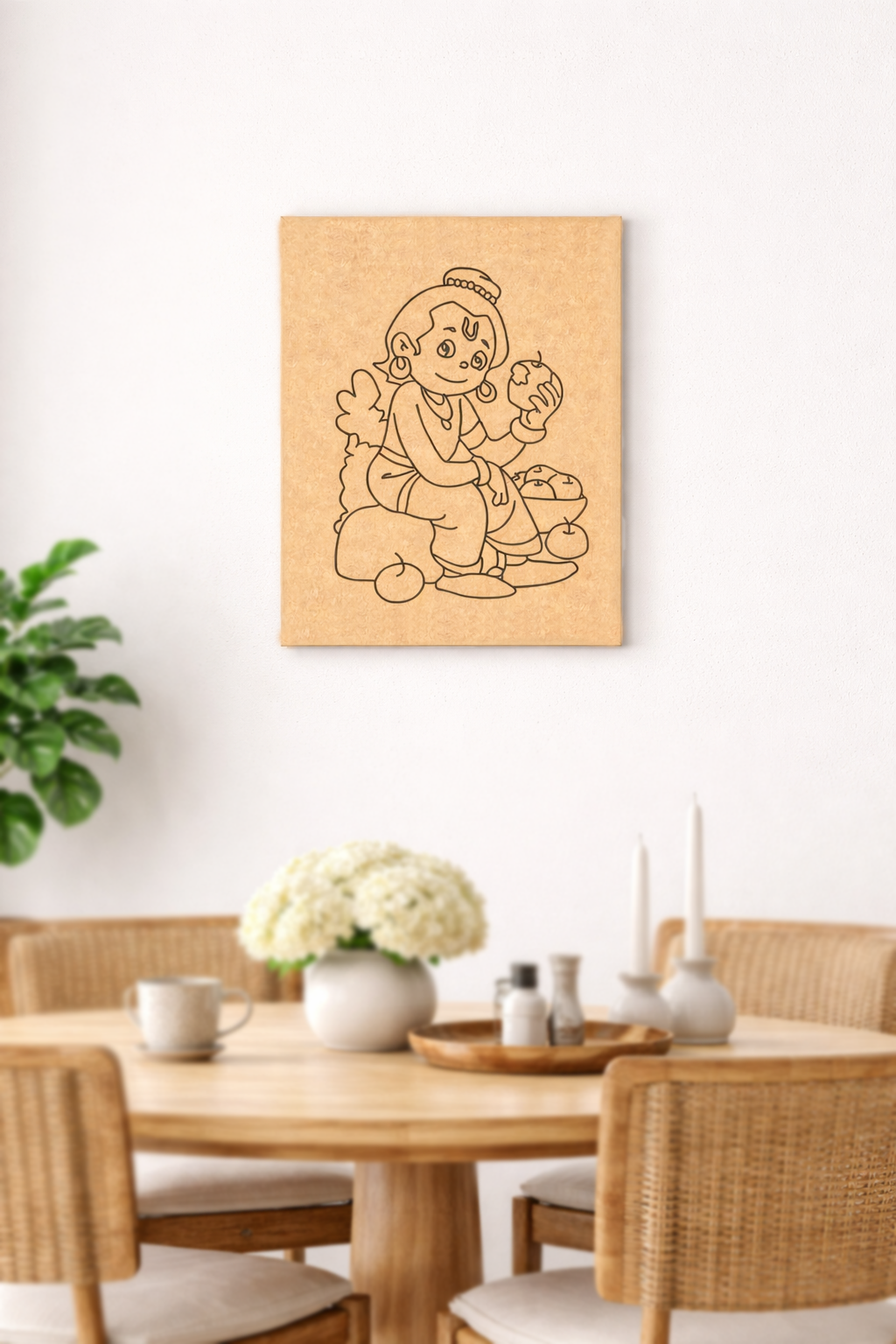 Dining room with a wooden table and chairs, featuring a MDF DIY wall art of a cartoon character on the wall.