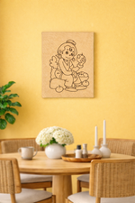 Dining room with a wooden table, chairs, and a decorative MDF DIY  wall piece on a yellow wall.