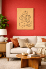 Living room with a red wall, beige sofa, wooden coffee table, and decorative MDF DIY wall art.