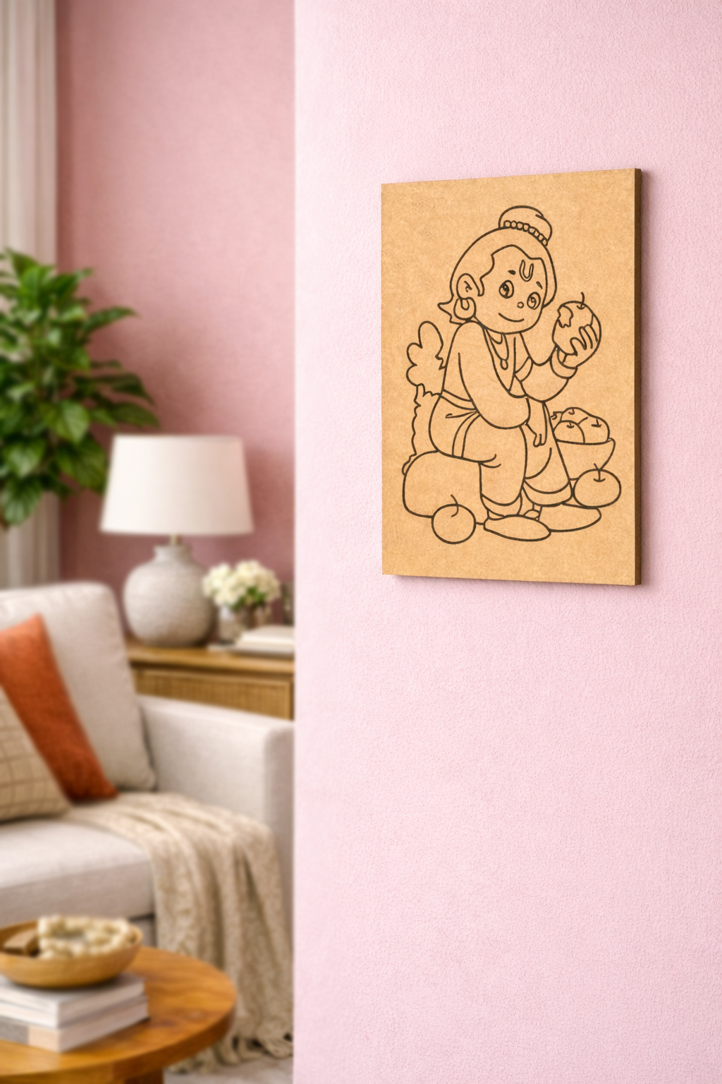 MDF DIY wall art of a cartoon character on a pink wall in a living room.