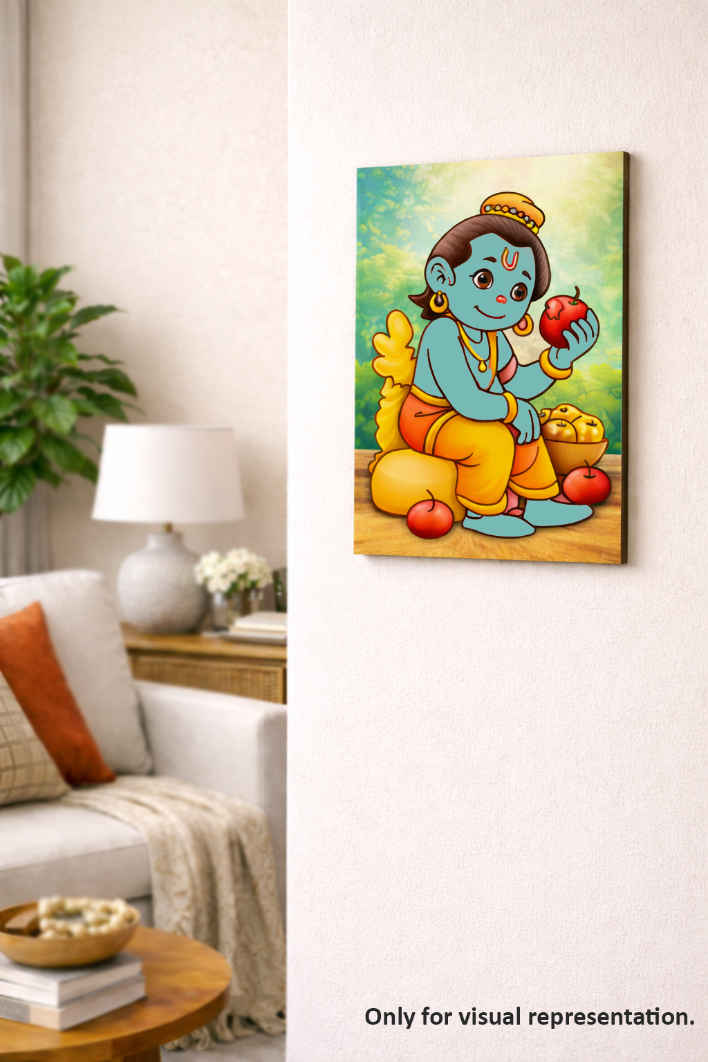 Colorful MDF DIY painting of a deity holding an apple in a living room setting
