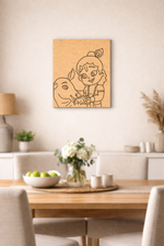 Dining room with a framed illustration of a krishna and cow on the wall.