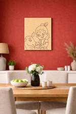 Dining room with a MDF DIY wall painting of a child and a horse on a red wall.