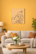 Living room with a yellow wall, gray sofa, and decorative MDF DIY wall art.