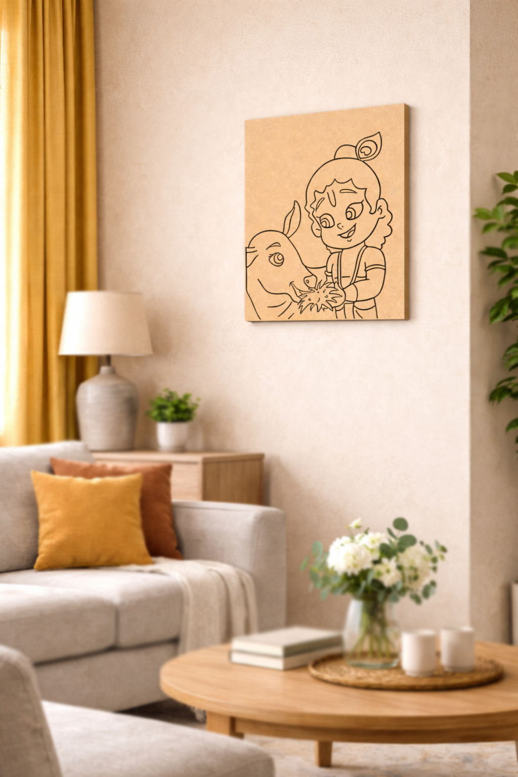 Living room with a couch, coffee table, lamp, and MDF DIY wall art of a krishna holding a cow.