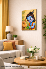 MDF DIY wall art of a blue-skinned character with a cow in a living room setting.