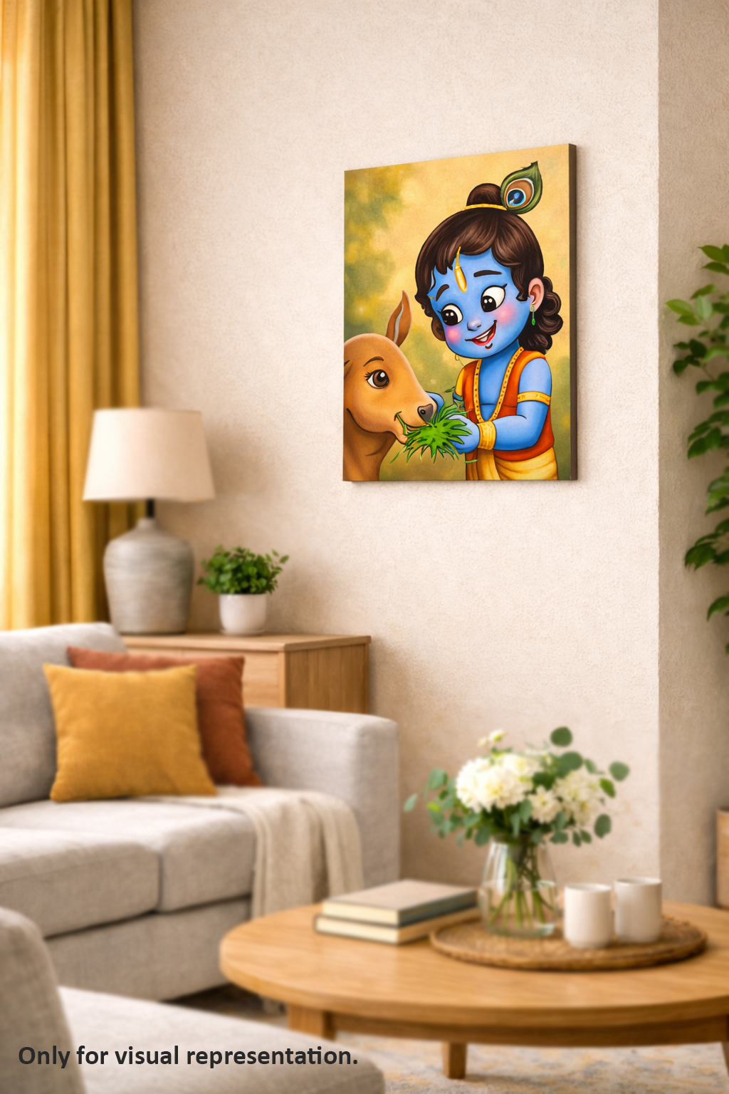 MDF DIY wall art of a blue-skinned character with a cow in a living room setting.