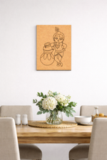 Dining room with a table, chairs, and a MDF DIY  wall art piece of a child with a pot.