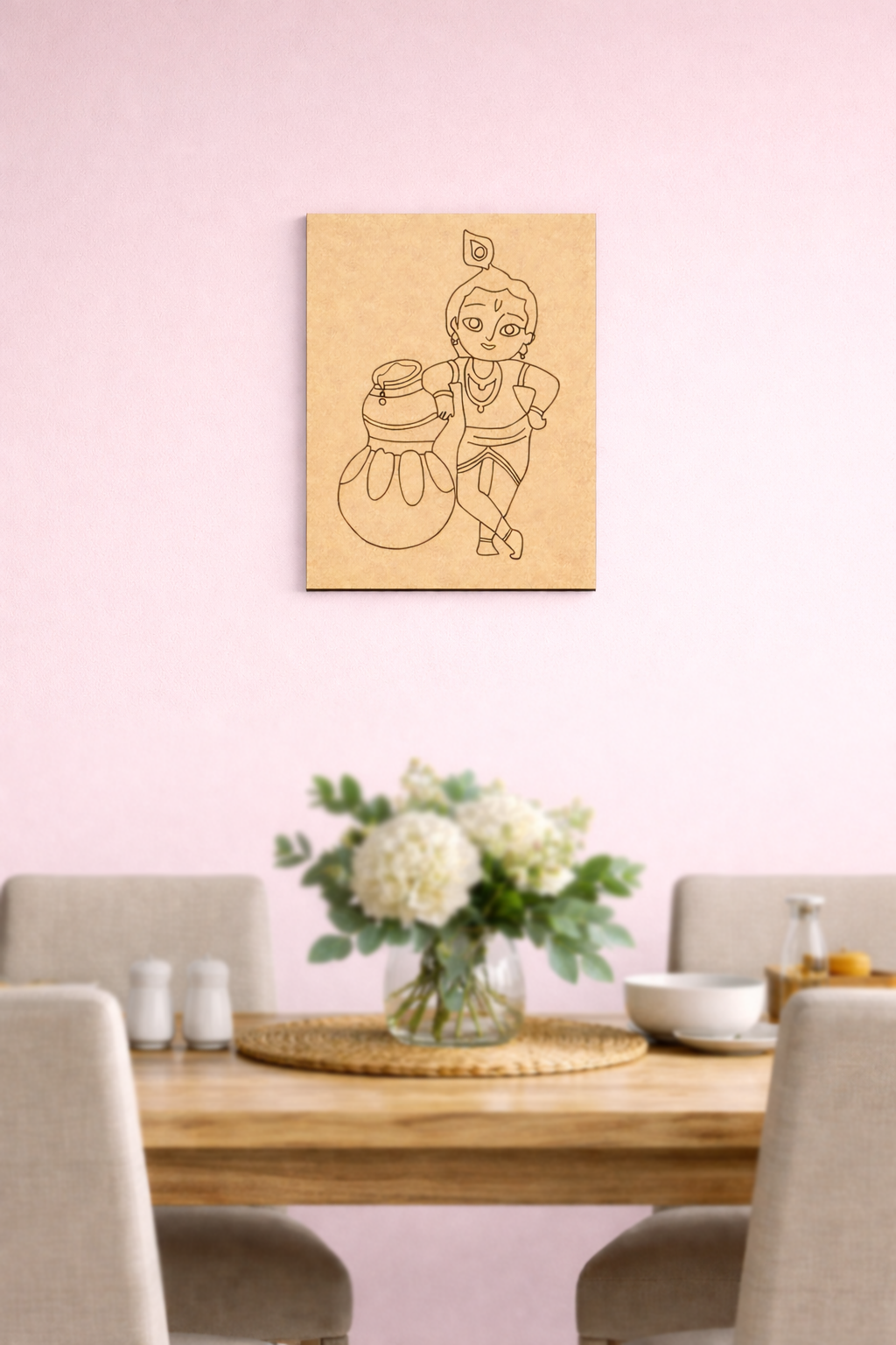 Dining room with a  framed MDF DIY  wall art of a child on the wall, a table with a vase of flowers, and chairs.