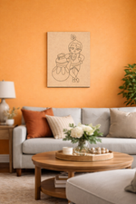 Living room with orange wall, gray sofa, wooden coffee table, and decorative MDF DIY wall art.