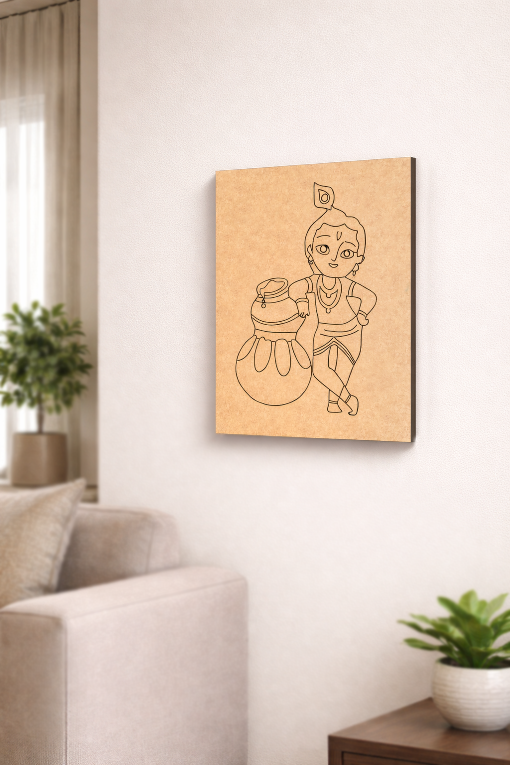 MDF DIY  wall art of a child with a pot on a white wall in a living room.
