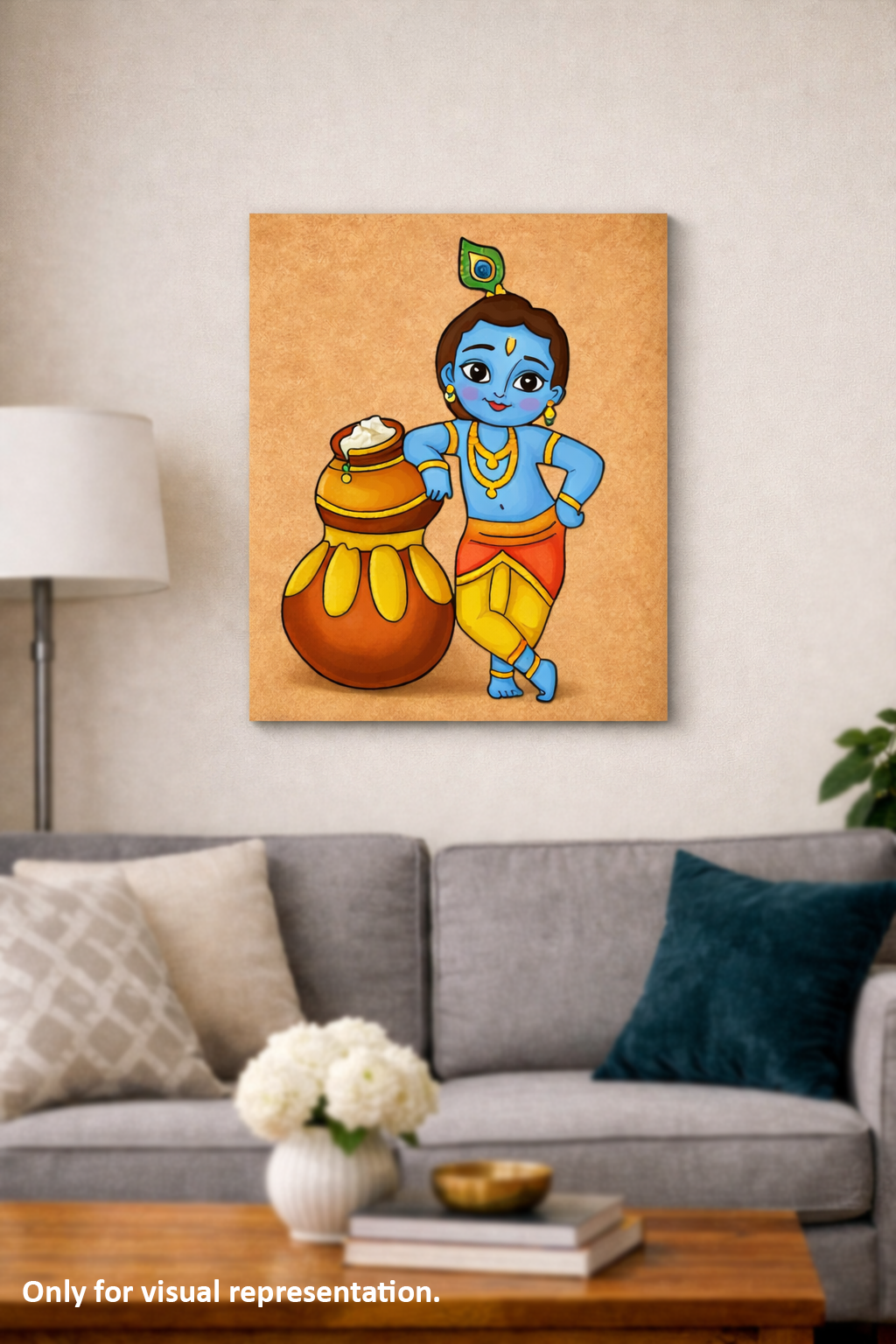 MDF DIY Canvas print of a blue-skinned krishna with a pot on a beige wall above a gray sofa.