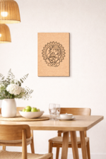 Dining room with wooden table and chairs, decorative  MDF DIY wall art, and potted plants.