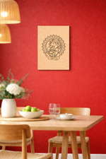 Dining area with a red wall, wooden table, chairs, and a decorative  MDF DIY painting.