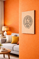  MDF DIY  Canvas print of a stylized face on an orange wall in a living room.