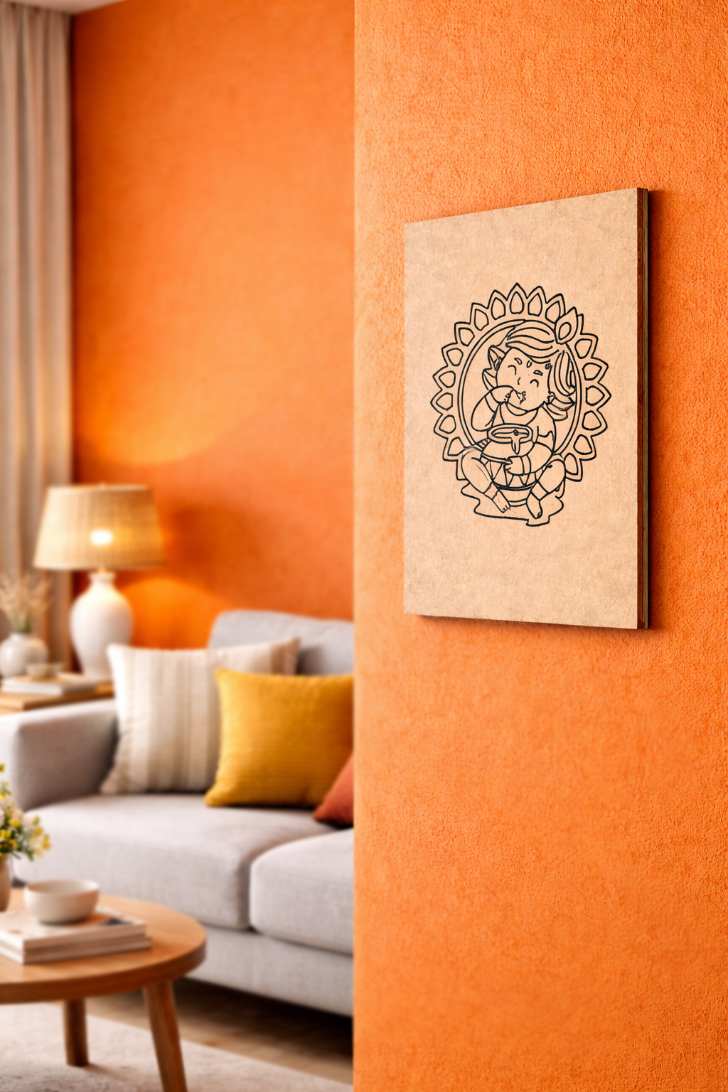  MDF DIY  Canvas print of a stylized face on an orange wall in a living room.