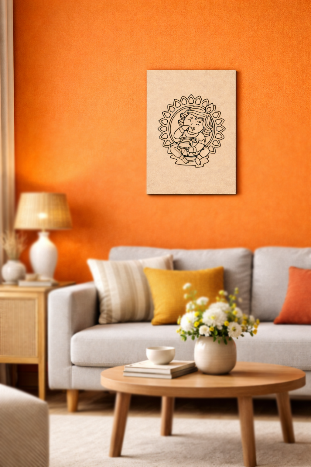 Living room with orange wall, gray sofa, and decorative  MDF DIY wall art.