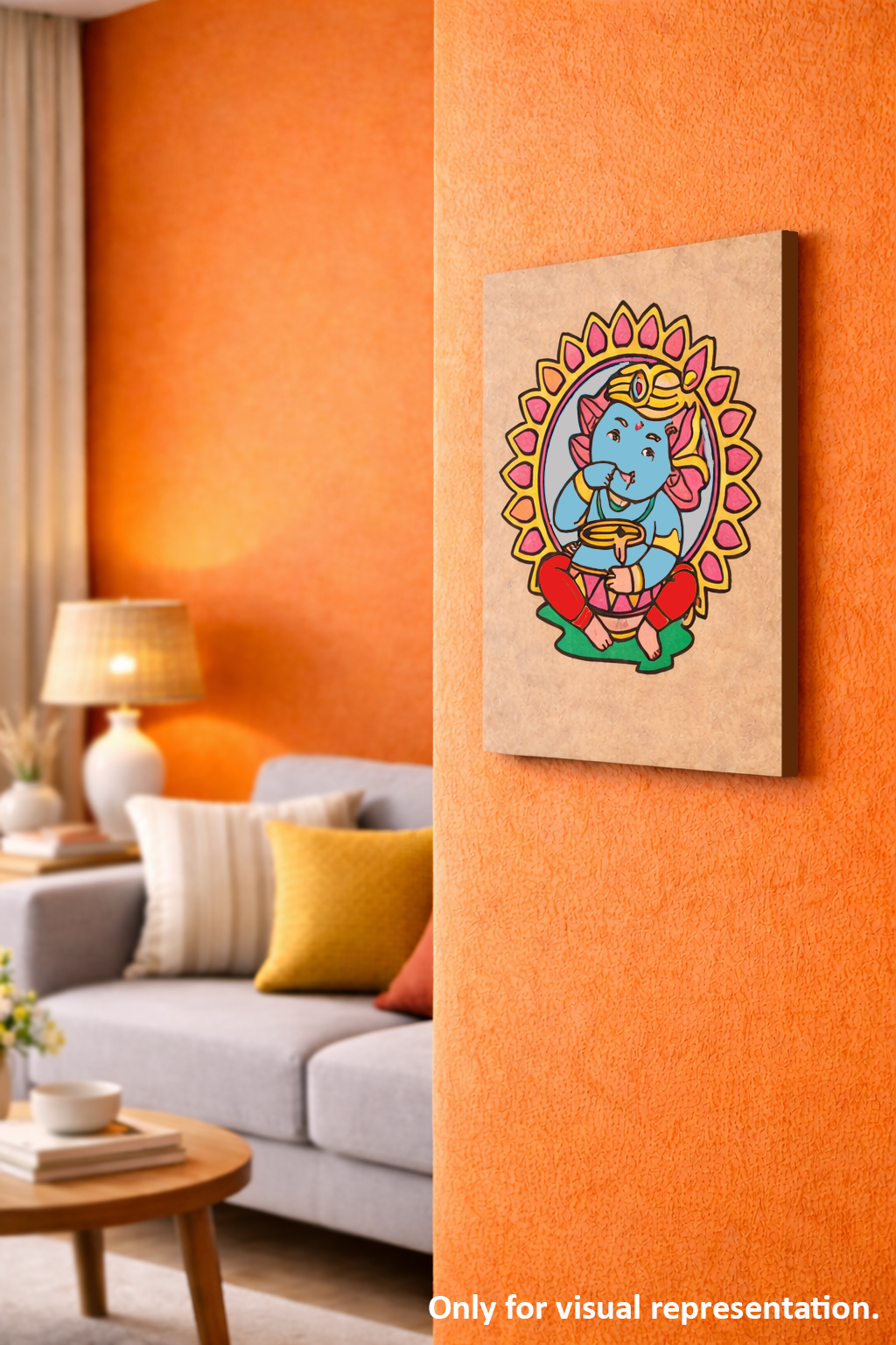 Decorative MDF DIY wall art of a colorful deity on an orange wall in a living room.