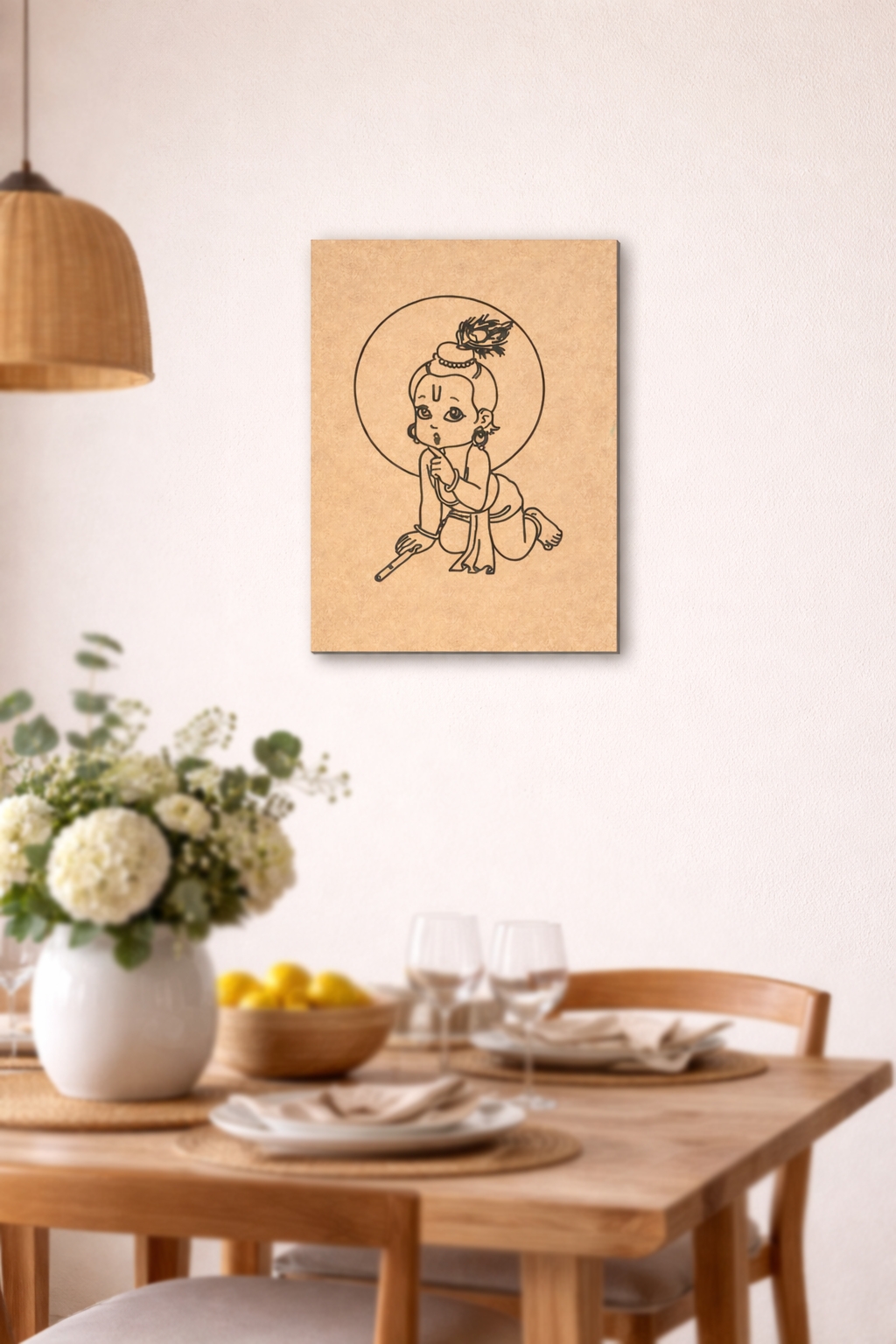 Dining room with a wooden table, flowers, and a MDF DIY  wall art on the wall.