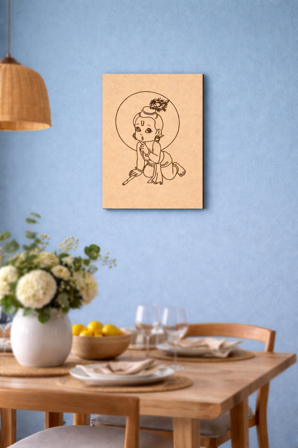 Dining room with a wooden table, flowers, and a MDF DIY wall art  on the wall.