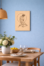 Dining room with a wooden table, flowers, and a MDF DIY wall art  on the wall.