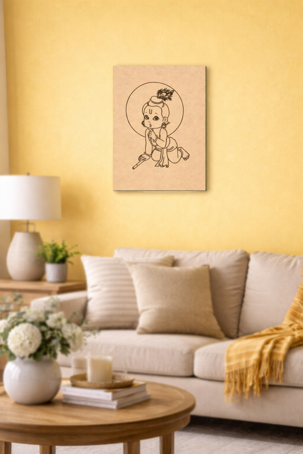 Living room with a beige sofa, wooden coffee table, and yellow wall with a MDF DIY  wall art .
