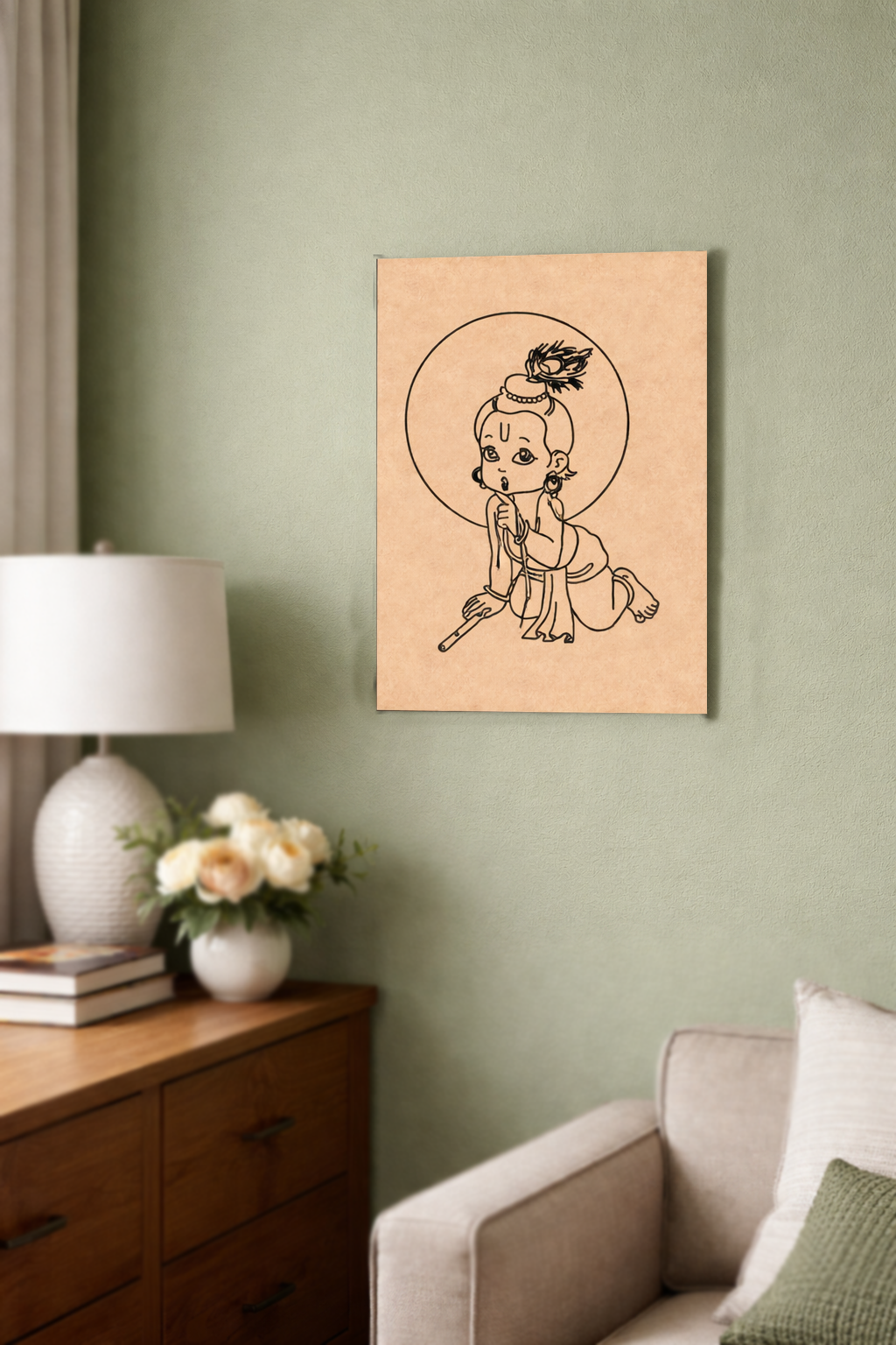 MDF DIY wall art  of a stylized figure on a green wall above a wooden dresser with a lamp and flowers.
